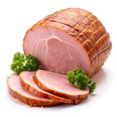 Wall Mural - Boiled ham sliced on a white background with garnishing parsley. Generative AI