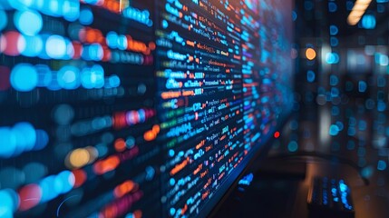 Wall Mural - A Close-Up View of a Computer Screen Displaying Code with a Blurry Background of Blue and Red Lights