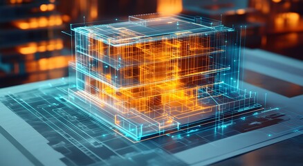 A holographic representation of an architectural design, showcasing the exterior and interior layout of a modern home. The concept of Digital Building Information Modeling (BIM) engineers. 