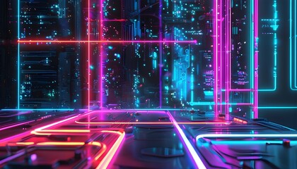 Futuristic abstract circuit board illuminated by vibrant neon lights, embodying themes of technology, innovation, and digital advancement