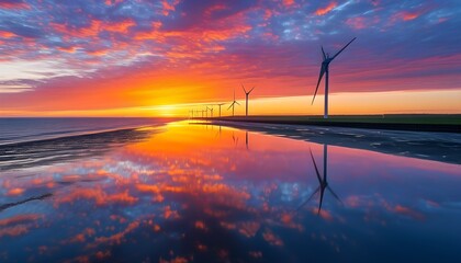 Serene sunset over wind turbines by the shore with reflections dancing on the water under a dramatic sky