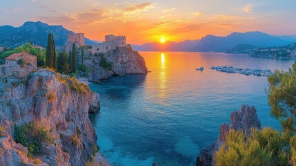 Serene sunset over a coastal landscape with ancient ruins.