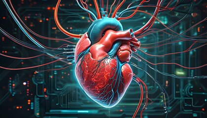 Wall Mural - Digital Fusion: The Human Heart Interwoven with Intricate Circuitry Symbolizing Technology and Medical Science