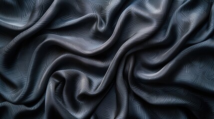 Black background with soft folds of fabric, top view. Texture for product presentation mockup design or wallpaper.