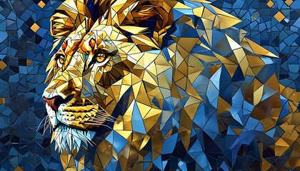 Intricate geometric mosaic lion in vibrant gold and blue hues, displaying elaborate patterns and artistic flair.