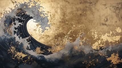 Wall Mural - a stylized wave crashing against a textured gold background, evoking a sense of movement and eleganc