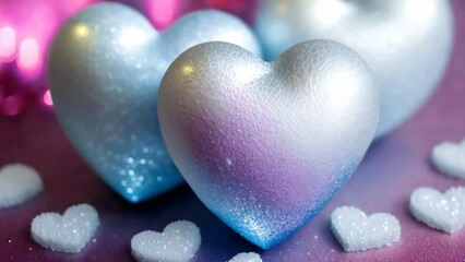 Valentine’s hearts with shimmering pearly surfaces, closeup view