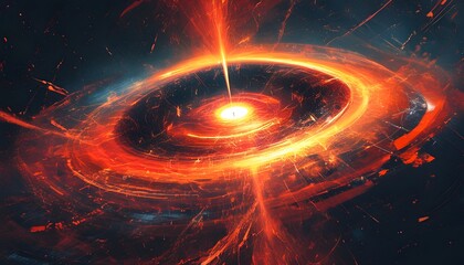 Dynamic black hole in vibrant red and orange hues, capturing cosmic chaos and space elements in an abstract digital illustration