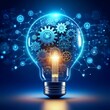 © Ant - Lightbulb made of interconnected gears and icons representing business and creativity, complex ideas, mechanical creativity thinking blue color