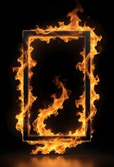 a sleek rectangular frame encircled by flames, with bright yellow and orange colors blending together, set against a solid black background, vibrant color palette, cold light tones, blue tones, flash 