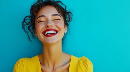 Canvas Print - Portrait of a woman with a bright smile, wearing yellow dress, against a blue background.