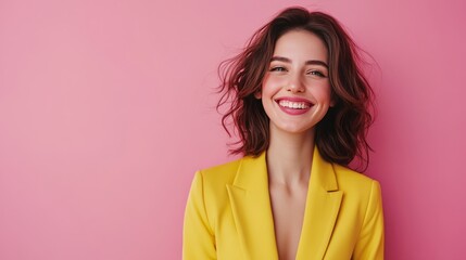 Canvas Print - Portrait of smiling woman in yellow blazer against pink background.