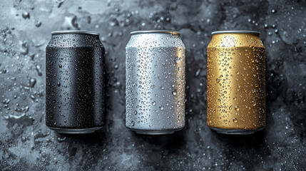 Wall Mural - Three cold beverage cans on a wet surface.