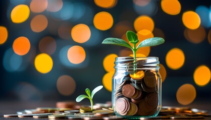 Wall Mural - Financial growth symbolized by young plants in glass jars of coins against a dreamy bokeh backdrop