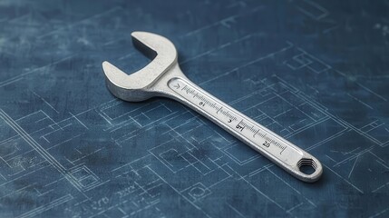 Industrial blueprint of a wrench with labeled parts, technical drawing in monochrome