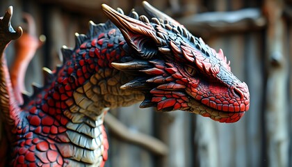 Wall Mural - Fierce dragon figurine with vibrant red scales and intricate wings set against a rustic wooden backdrop in a captivating fantasy realm