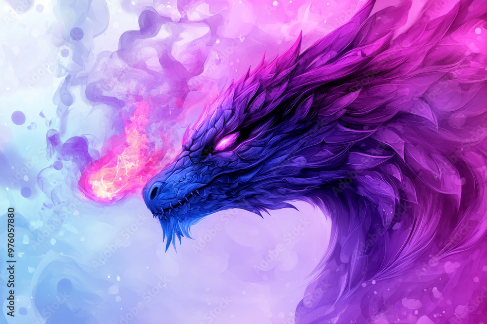 A majestic purple dragon breathes fire, its scales glowing with an ...