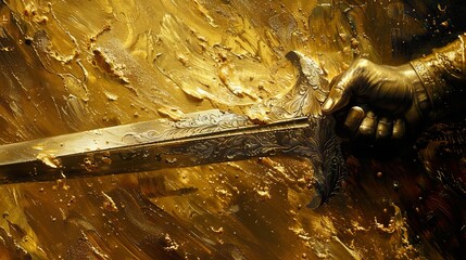 Golden Hand Holding a Sword: Power and Strength