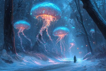 Wall Mural - Glowing ethereal jellyfish in magical underwater forest scene
