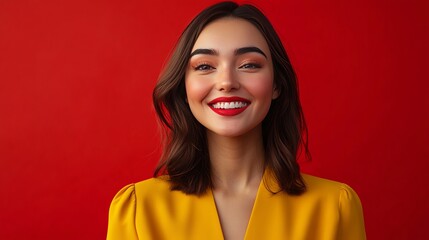 Canvas Print - Smiling woman in yellow blouse against red background.