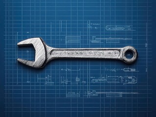 Wall Mural - Hand-drawn blueprint of a mechanic wrench, detailed schematic, engineering concept art