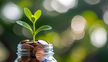 Financial growth symbolized by young plants in glass jars of coins against a dreamy bokeh backdrop