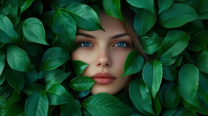 Canvas Print - Woman's Face Hidden Behind Lush Greenery 