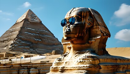 Wall Mural - Sphinx Statue Sporting Sunglasses with Pyramids in the Background Beneath a Clear Blue Sky