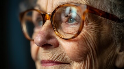 Wall Mural - A close-up portrait of an elderly woman with glasses and wrinkles, looking off to the side with a gentle smile