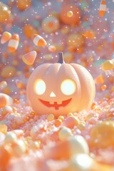 Wall Mural - Glowing jack o' lantern pumpkin surrounded by colorful bokeh lights