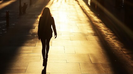 Canvas Print - Silhouette of a woman walking on a sunlit street with shadows and light. 