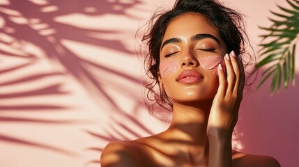 Poster - Beautiful indian asian woman applying facial moisturizer lotion, standing in sunlight with botanical shadows and copy space, pink background