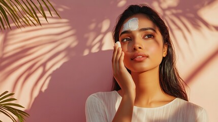 Sticker - Beautiful indian asian woman applying facial moisturizer lotion, standing in sunlight with botanical shadows and copy space, pink background