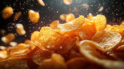 A close-up of crispy potato chips with a dynamic background.