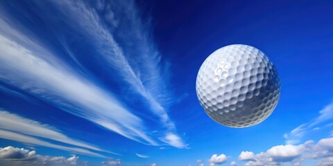 Golf ball soaring through the bright blue sky