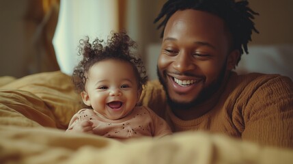 happy loving young african american dad holding adorable smiling kid