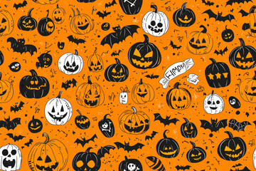 Wall Mural - Orange color Cartoon Happy Halloween background vector. Seamless pattern with Cute repeat halloweens Boo Spooky Ghost.