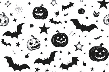 Seamless monochrome pattern of halloween elements. Background with bats, pumpkins and stars.