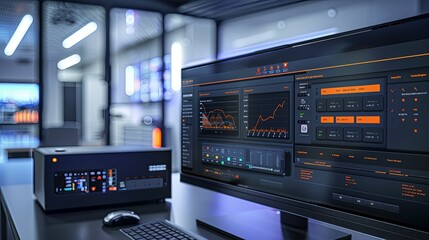 A modern, futuristic computer interface with graphs, charts, and data displays