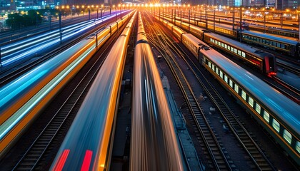 Wall Mural - Dynamic long-exposure capture of a lively railway station with trains in motion, showcasing vibrant light trails and a thrilling sense of speed