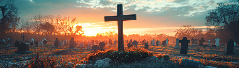 A cross is in the middle of a cemetery with many graves