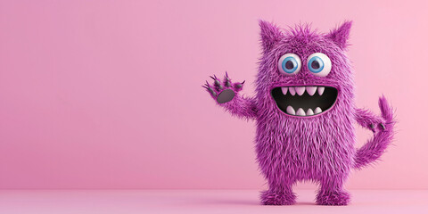 Wall Mural - Furry purple monster with big eyes and wide smile, waving cheerfully against pink background. This playful character exudes joy and fun, perfect for childrens themes