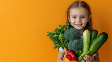 Young girl smiles holding vegetables.