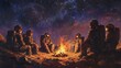 © Lush Diaries - Astronauts gather around a campfire under a starry sky.
