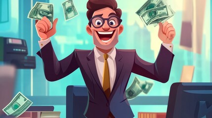 A cartoon businessman joyfully celebrates financial success, symbolizing achievement, wealth, prosperity, ambition, and happiness.