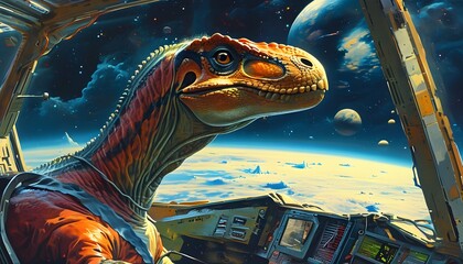 Poster - Dinosaur Exploring Earth from Space in a Futuristic Spacecraft, Merging Ancient Life with Advanced Technology in a Unique Sci-Fi Adventure