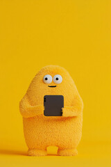 Wall Mural - Furry yellow monster conducting video call, showcasing playful and cheerful demeanor against bright yellow background. This whimsical character brings joy and creativity to digital communication