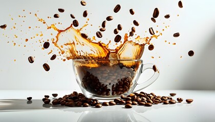 Dynamic coffee splash with beans in clear glass bowl on white background, showcasing vibrant energy and freshness