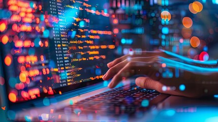 A Person's Hands Typing on a Laptop with Code Displayed on the Screen and Blurred Lights in the Background