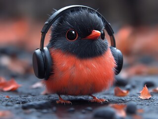 A cute and fluffy red and black bird is depicted standing on a ground covered with autumn leaves, wearing headphones, symbolizing modernity and blending with nature.